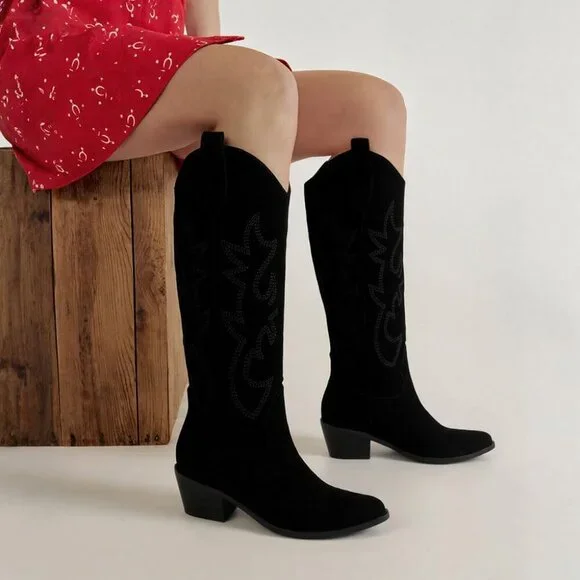 Women Black Suede Polyurethane Embroidered Chunky Heel Knee High Western Boot - Picture 6 of 6